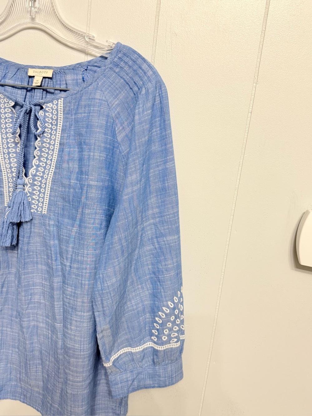 #14)  Talbots Light Blue Embroidered Tie-Neck Tunic - Picture 4 of 7